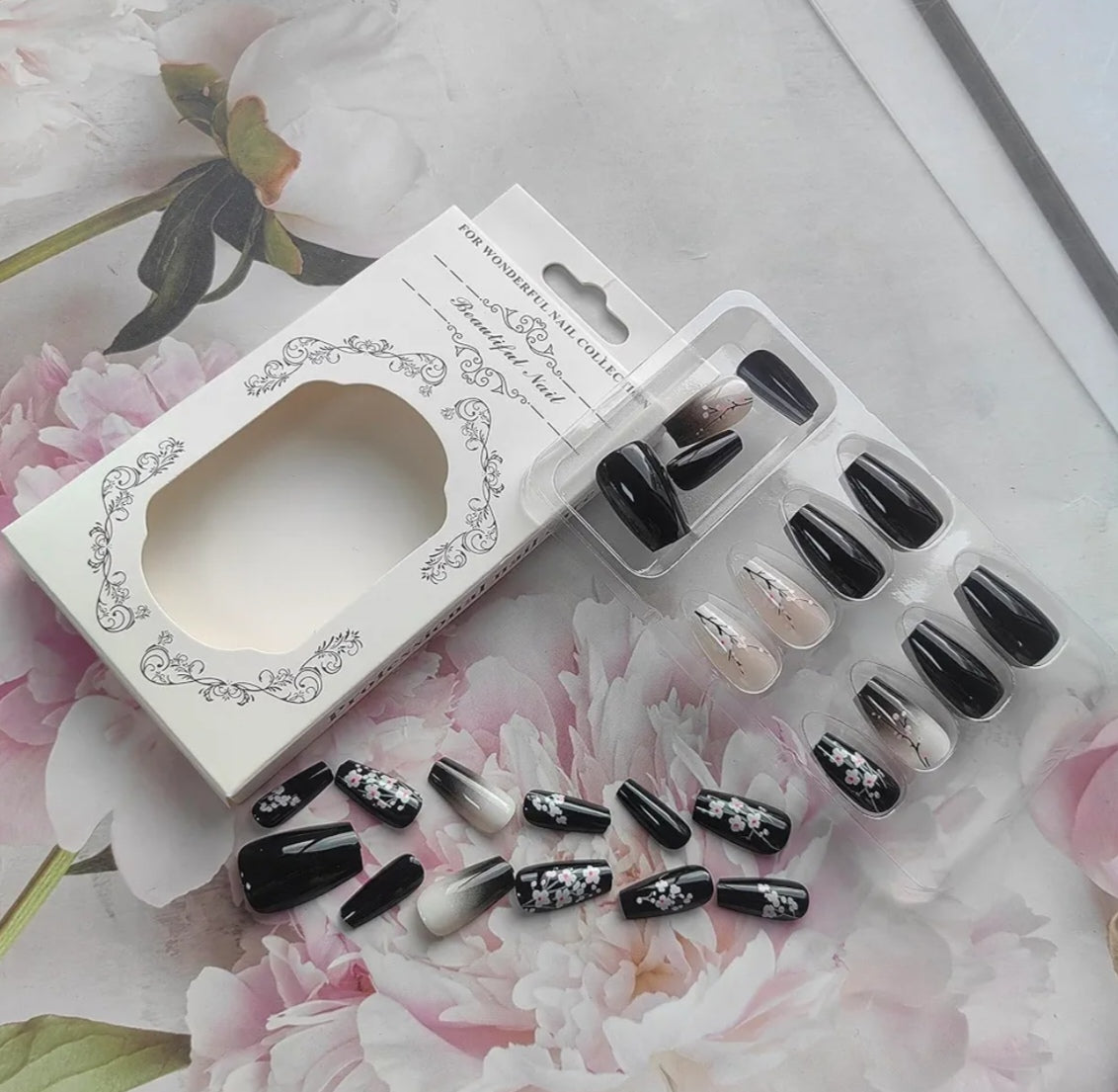 Chic Cherry Blossom Black Ombre Press-On Nails Fake Artificial Nails 24 Pcs-Free Shipping