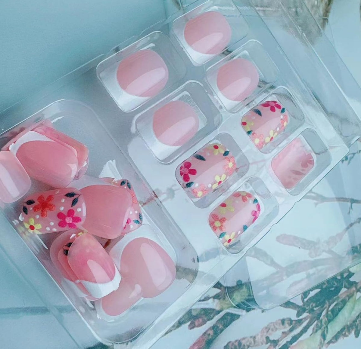 Stylish Spring Flower French Tip Press-On Nails Fake Artificial Nails 24 Pcs-Free Shipping