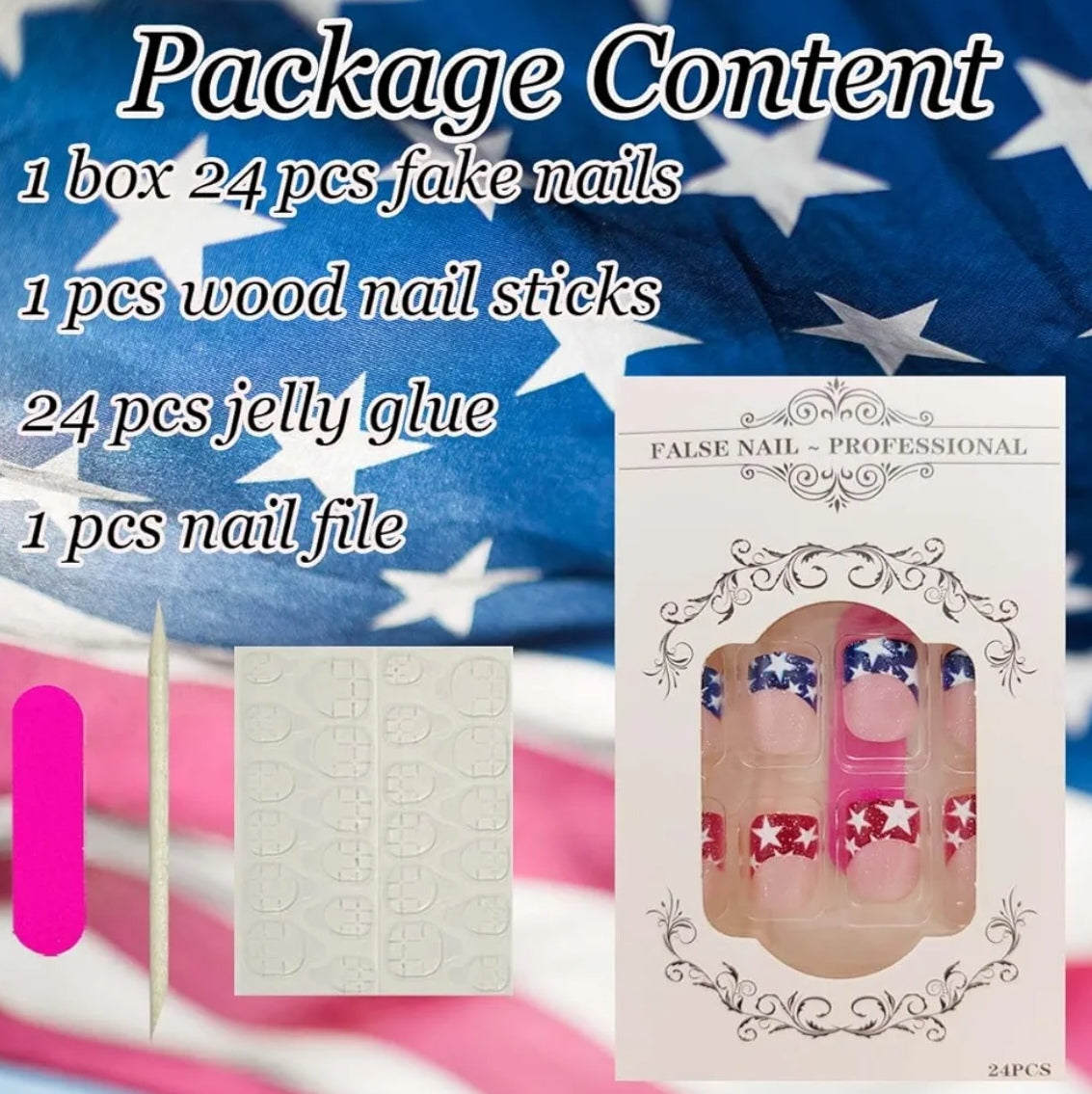 Chic French Glitter Tip Patriotic Stars Press-On Nails Fake Artificial Nails 24 Pcs – Free Shipping