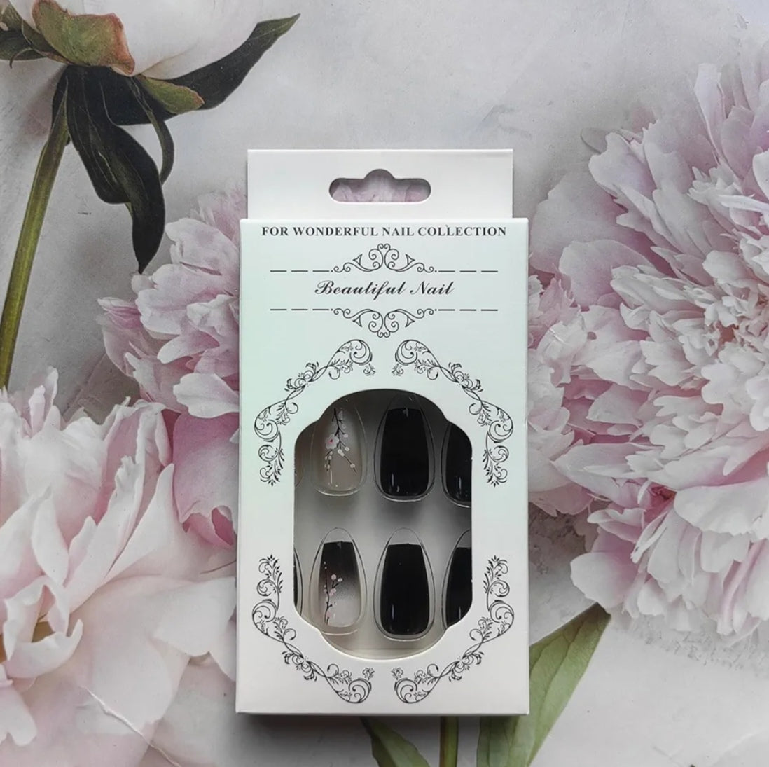 Chic Cherry Blossom Black Ombre Press-On Nails Fake Artificial Nails 24 Pcs-Free Shipping