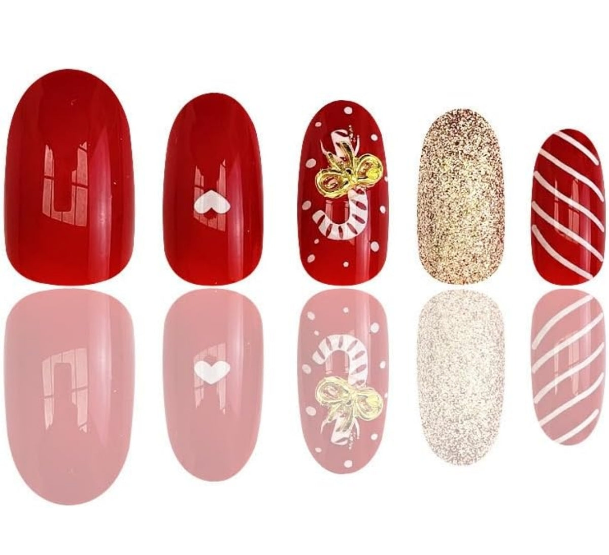 Festive Candy Cane Gold Bow Stripes Christmas Press-On Nails Acrylic False Nails - Free Shipping