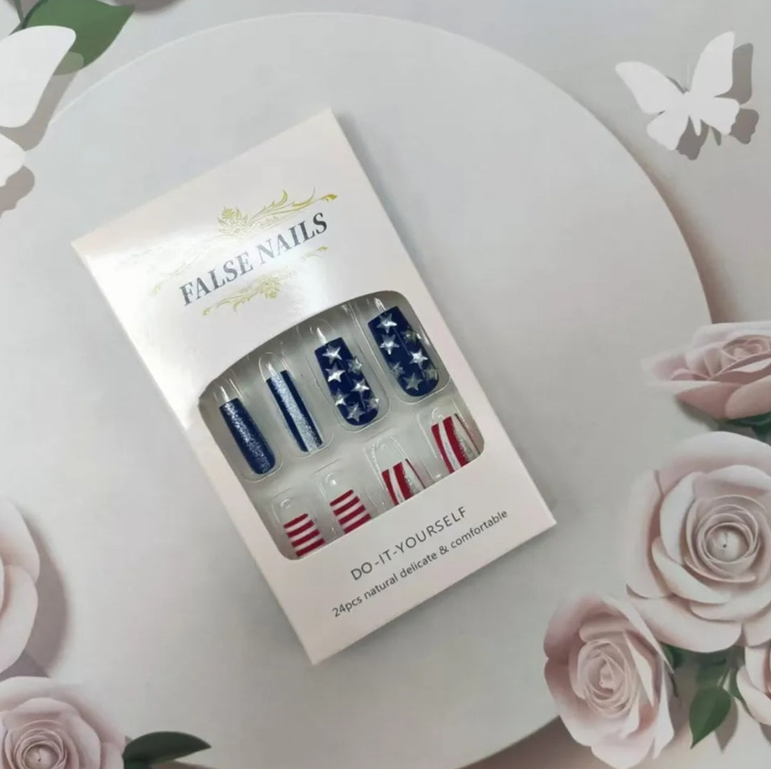 Stylish Patriotic Rhinestone Stars and Stripes Press-On Nails Fake Artificial Nails 24 Pcs – Free Shipping
