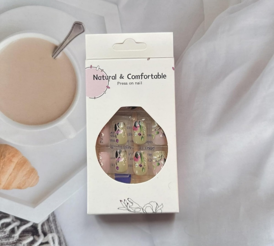 Stunning Hand-Painted Spring 3D Floral Press-On Nails Fake Artificial Nails 24 Pcs – Free Shipping