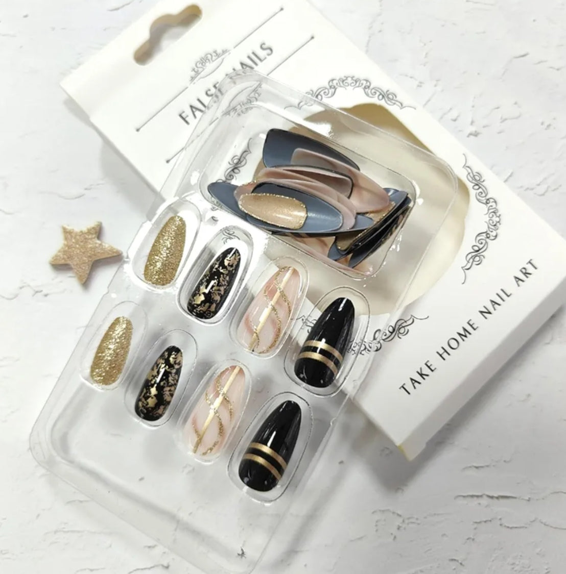 Trendy Black Gold Metallic Press-On Nails Fake Artificial Nails 24 Pcs–Free Shipping