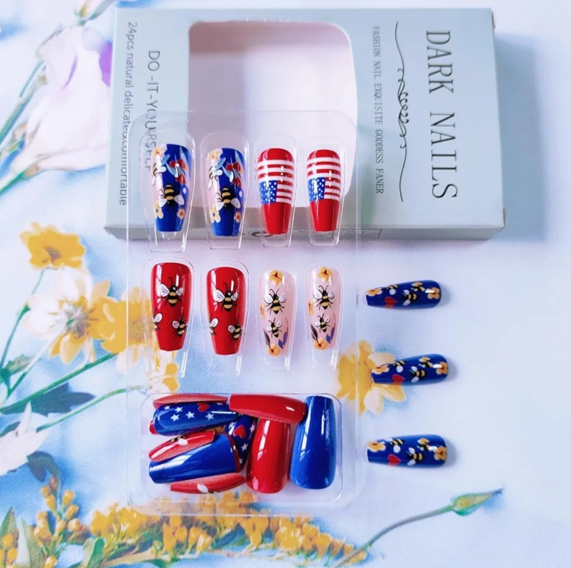 Fun Floral Bee Heart Patriotic Design Press-On Nails Fake Artificial Nails 24 Pcs - Free Shipping