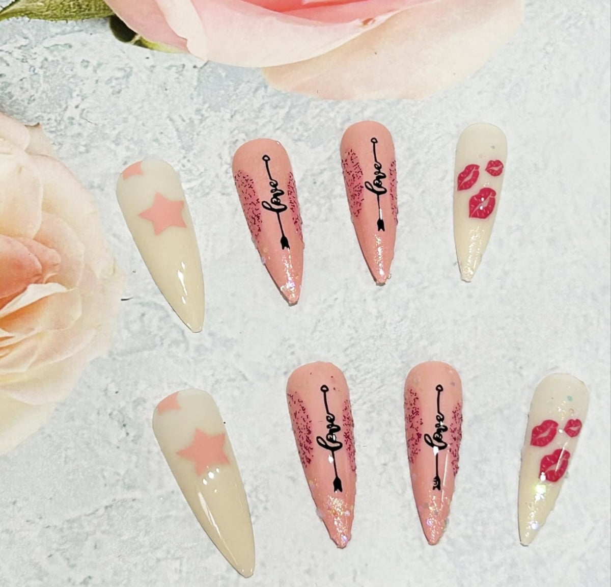 Love Pink White Glitter Lip Kisses Valentine's Press-On Nails Acrylic Fake Nails-Free Shipping