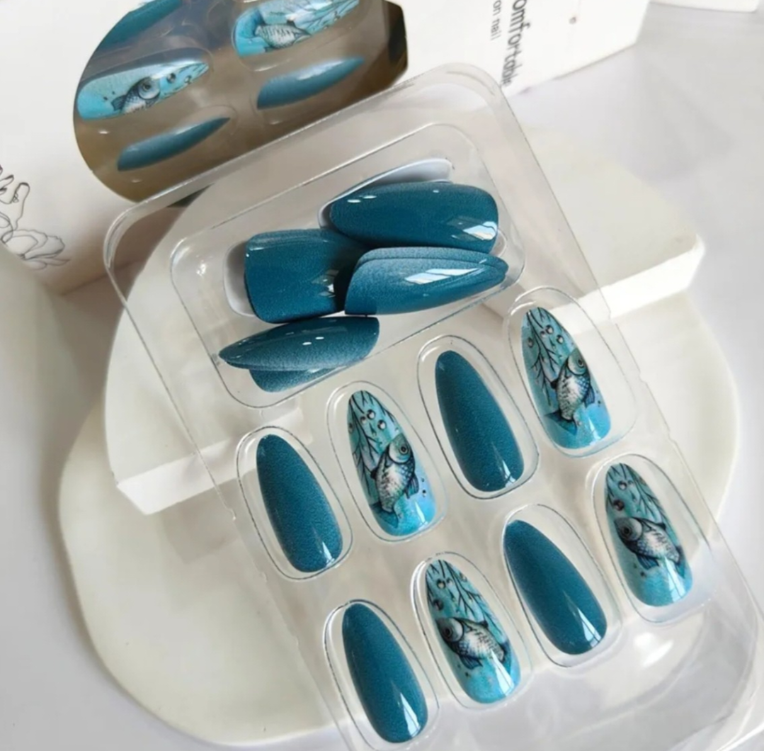 Chic Blue Ocean Fish Design Press-On Nails Fake Artificial Nails 24 Pcs – Free Shipping