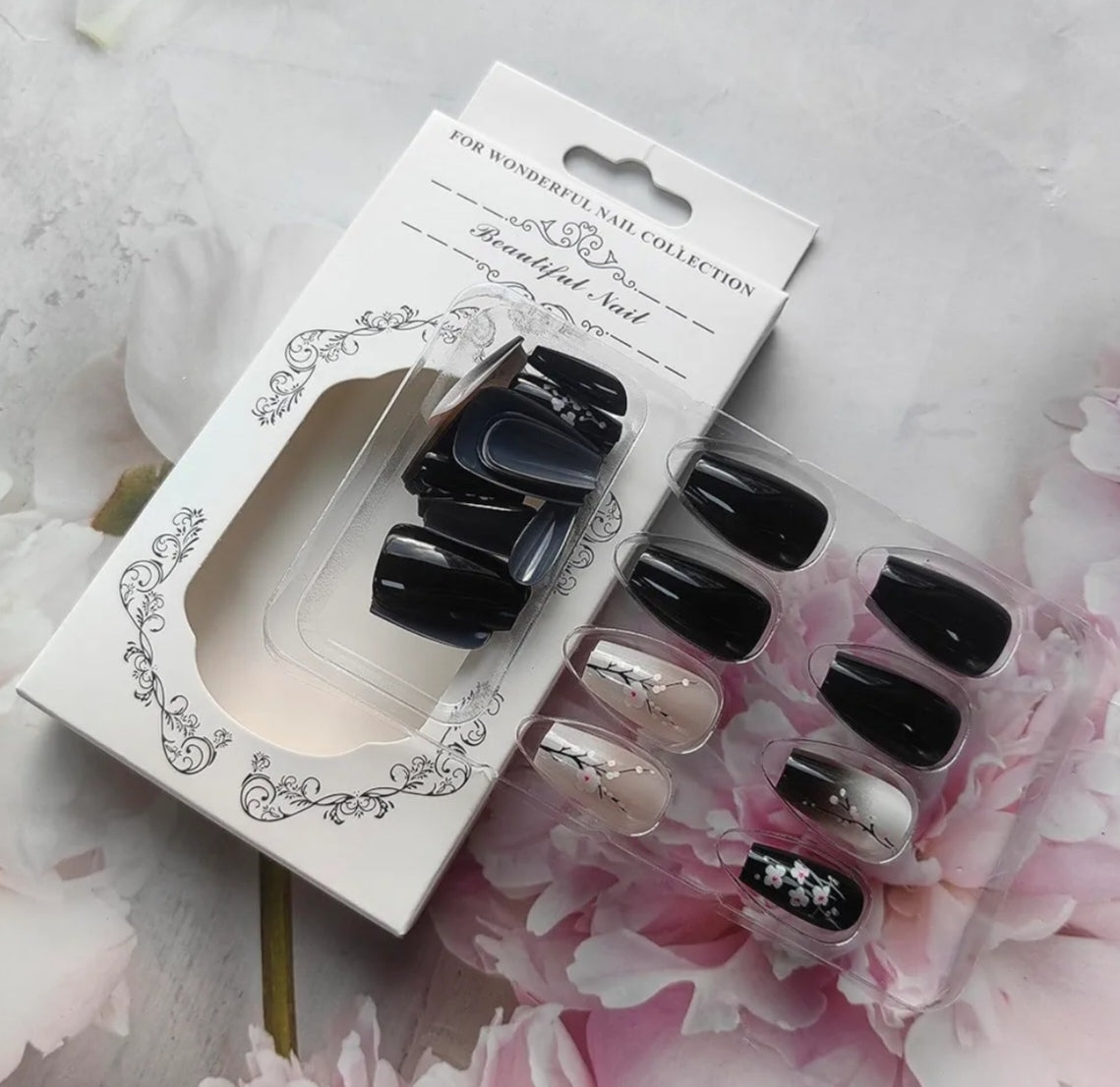 Chic Cherry Blossom Black Ombre Press-On Nails Fake Artificial Nails 24 Pcs-Free Shipping