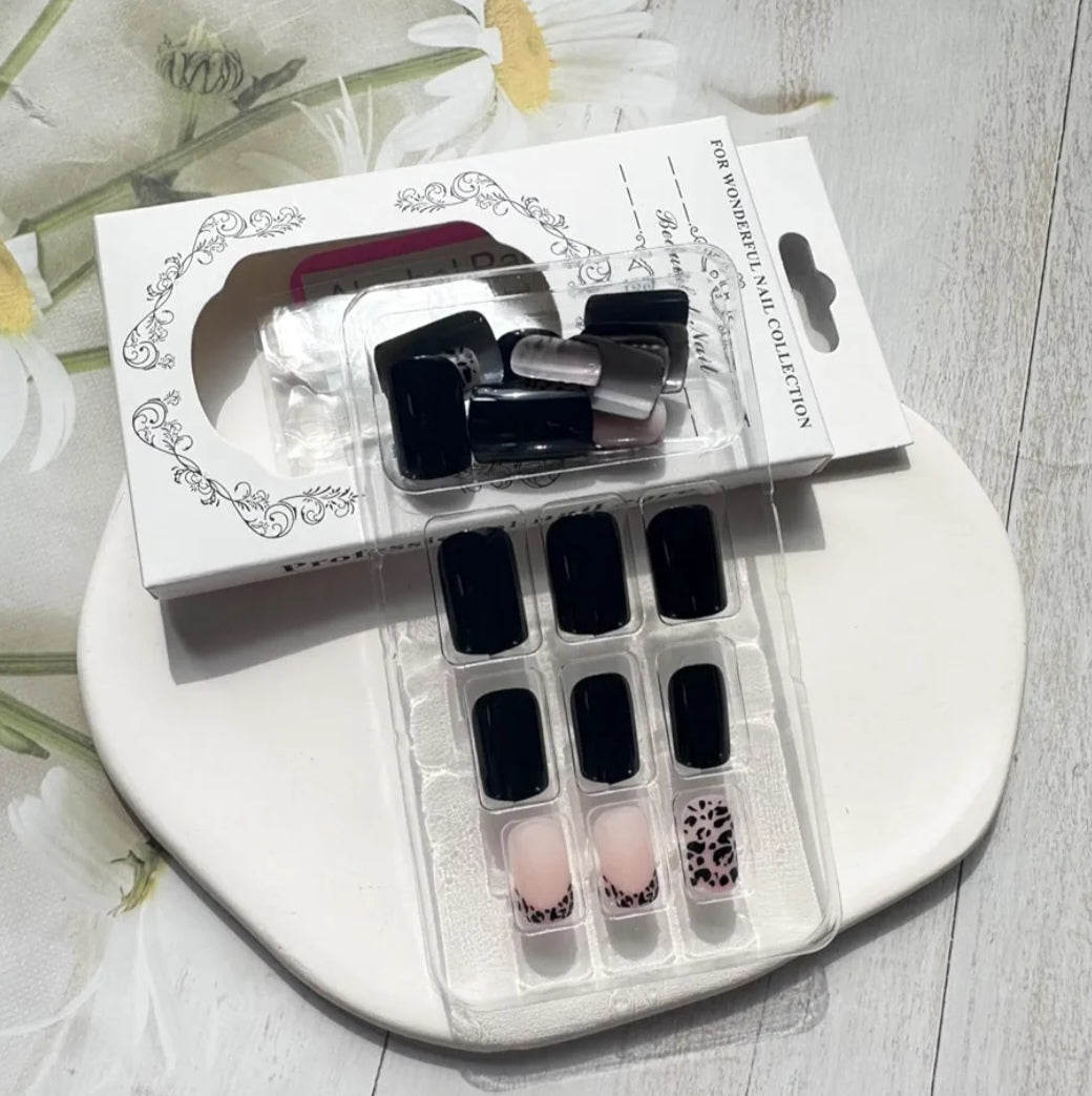 Black French Tip Leopard Print Press-On Nails Fake Artificial Nails 24 Pcs – Free Shipping