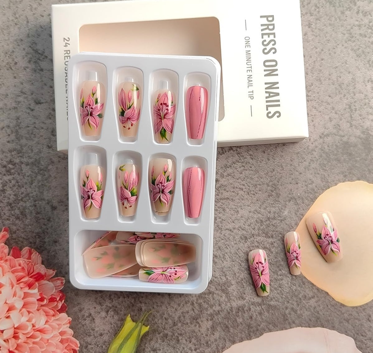 Pink Lily Floral Press-On Nails Artificial Nails 24 Pcs - Free Shipping
