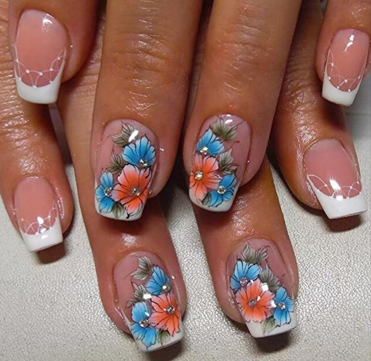 French Tip Blue Flower Press-On Nails Fake Artificial Nails 24 Pcs – Free Shipping