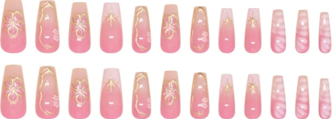 Stylish Pink Gold Butterfly Floral Nails Press-On Nails Fake Artificial Nails 24 Pcs-Free Shipping