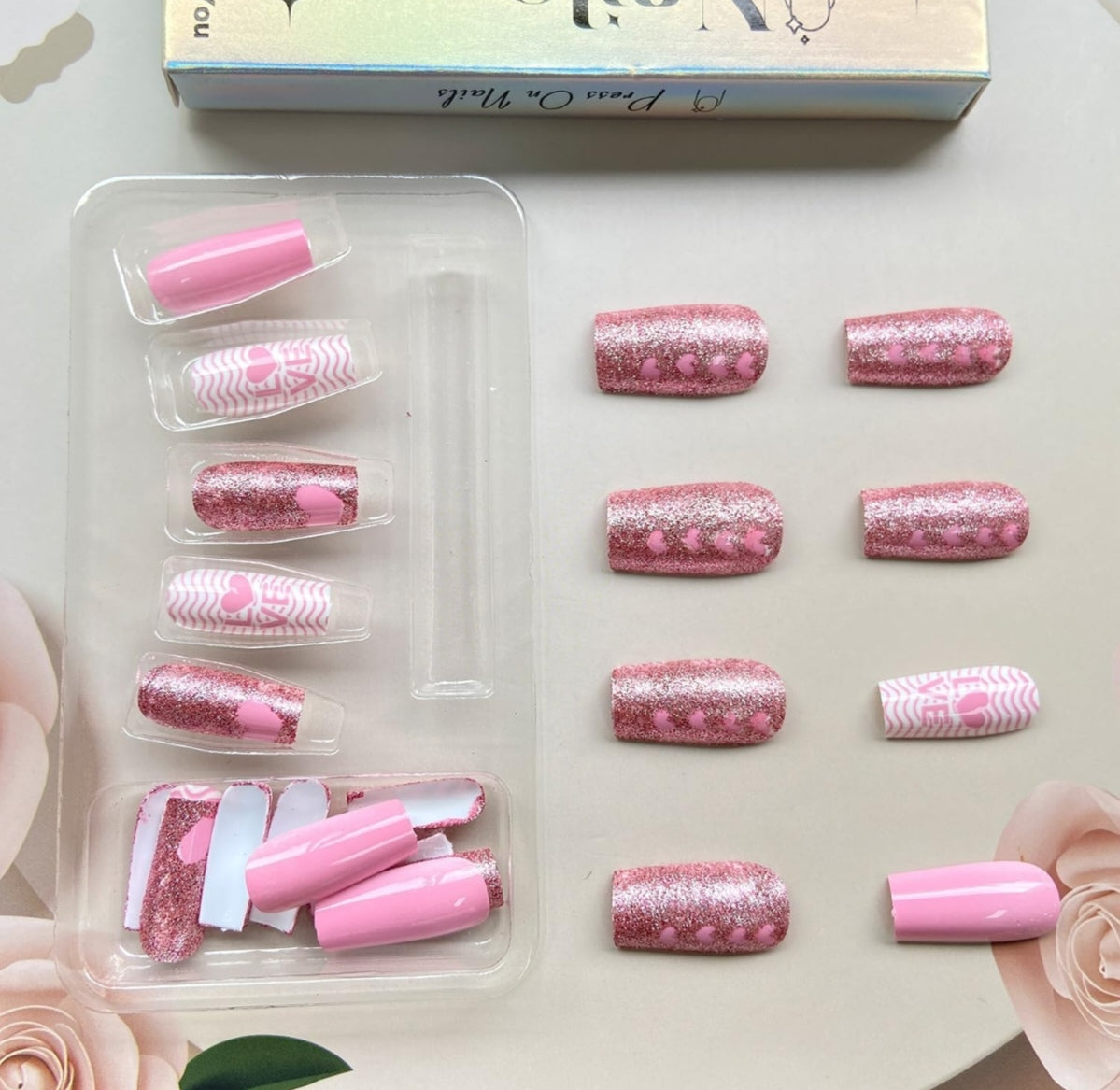 Stunning Pink Heart LOVE Glitter Valentine's Press-On Nails Acrylic Fake Nails-Free Shipping