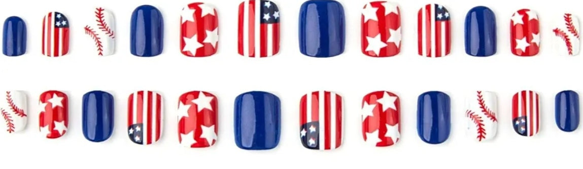 Stylish Patriotic Baseball American Flag Press-On Nails Fake Artificial Nails 24 Pcs-Free Shipping