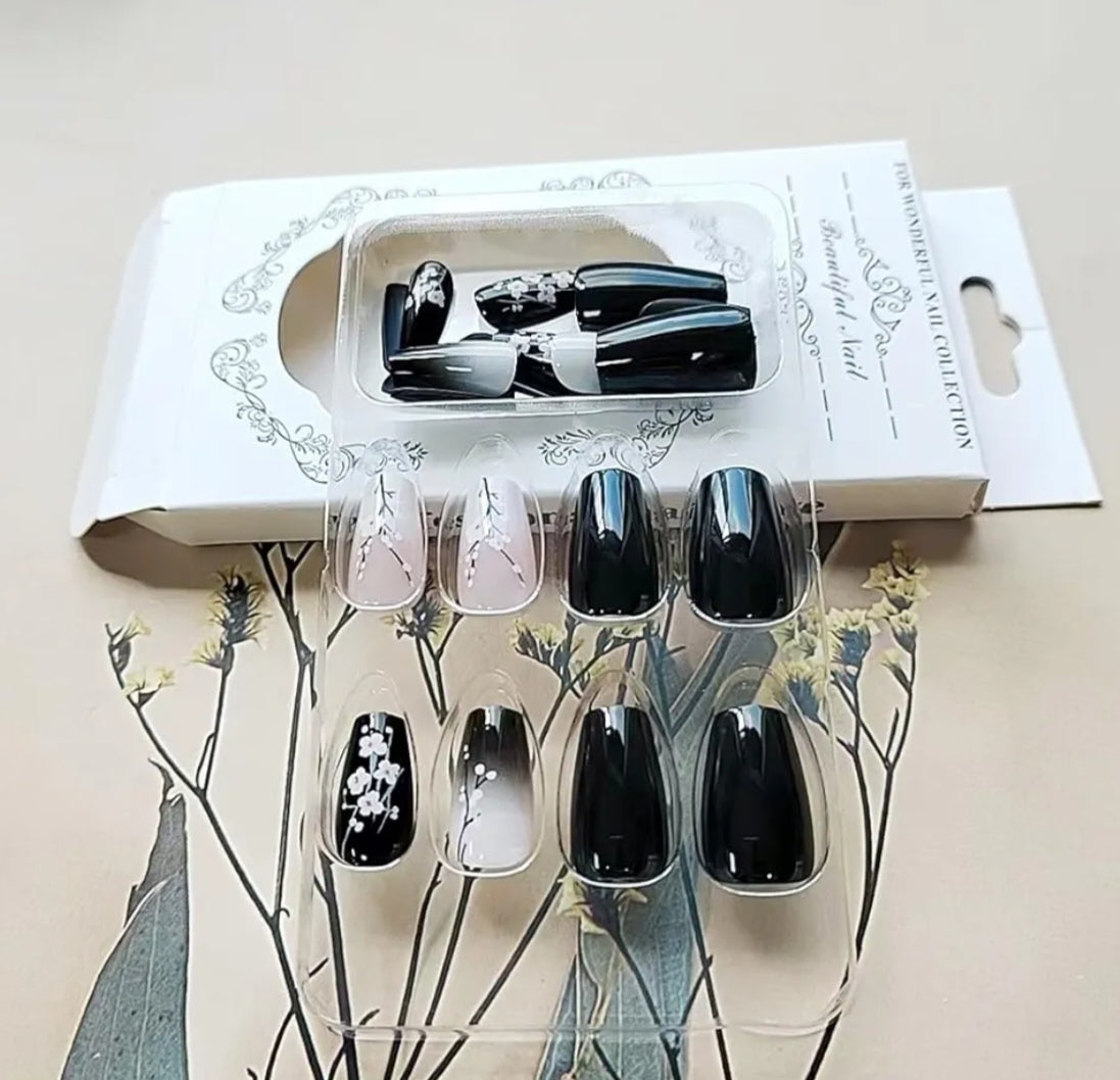 Chic Cherry Blossom Black Ombre Press-On Nails Fake Artificial Nails 24 Pcs-Free Shipping