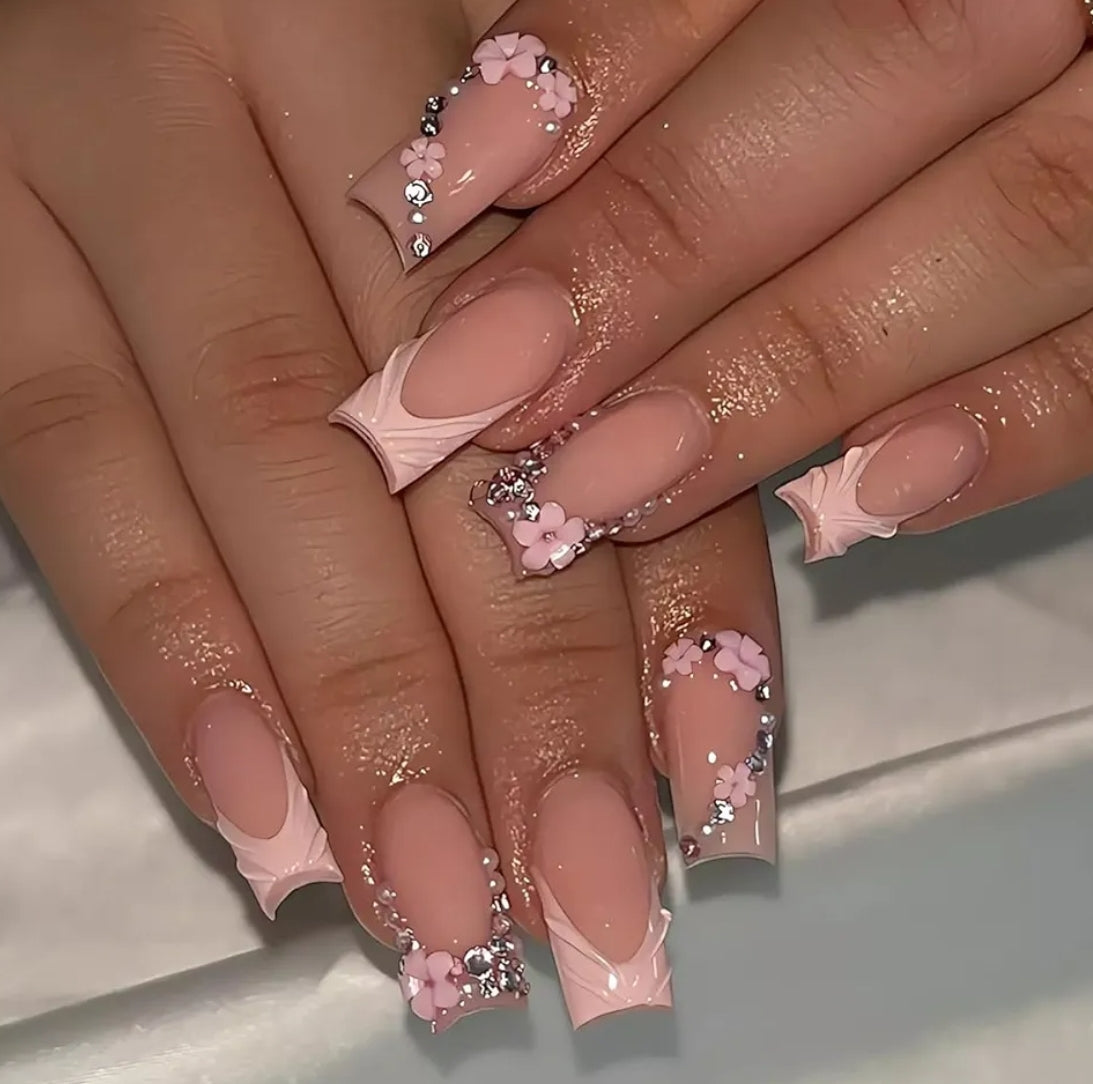 Elegant 3D Pink French Floral Rhinestone Press-On Nails Fake Artificial Nails 24 Pcs-Free Shipping
