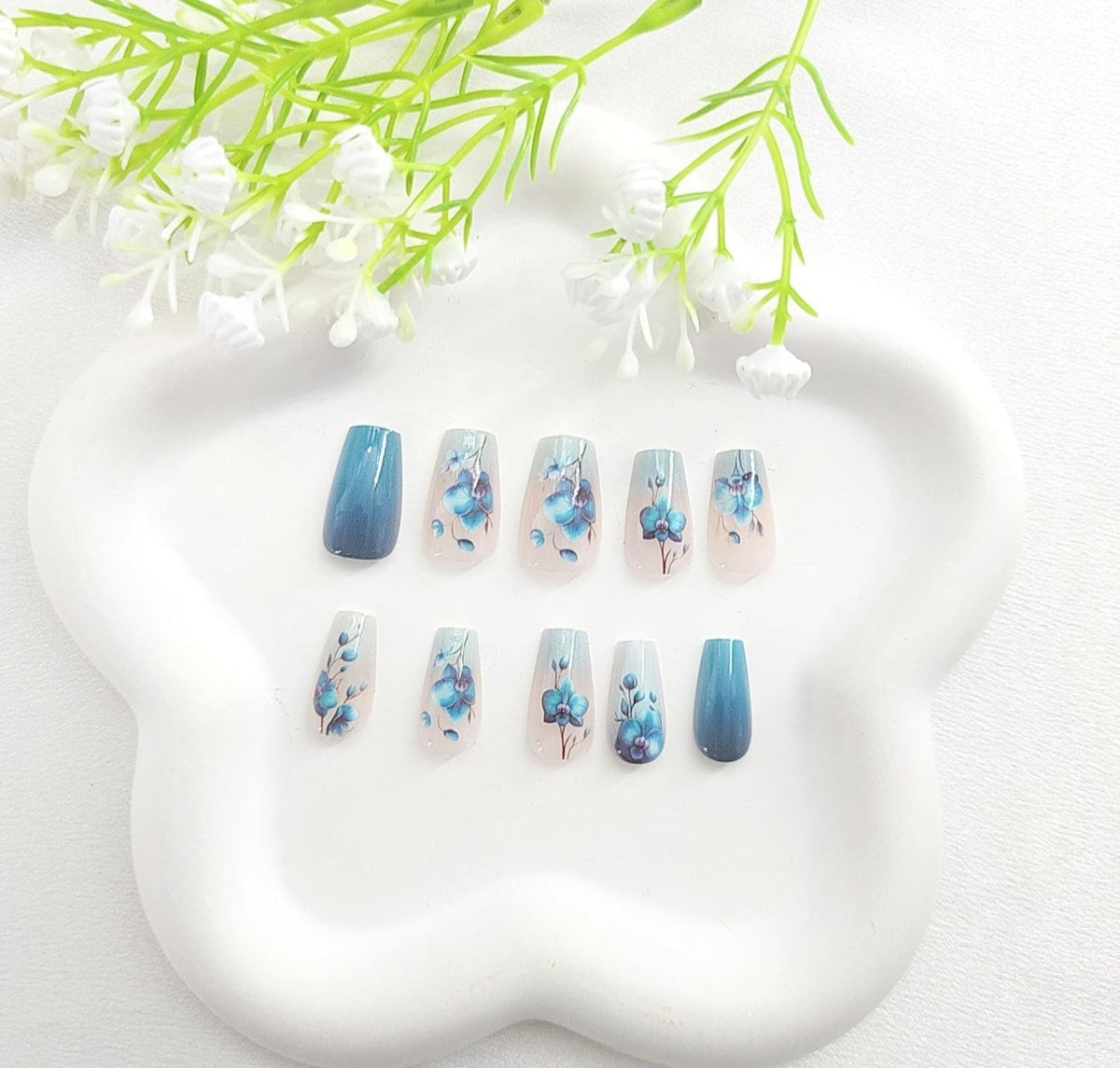 Blue Floral Ombre Press-On Nails Fake Artificial Nails 24 Pcs – Free Shipping