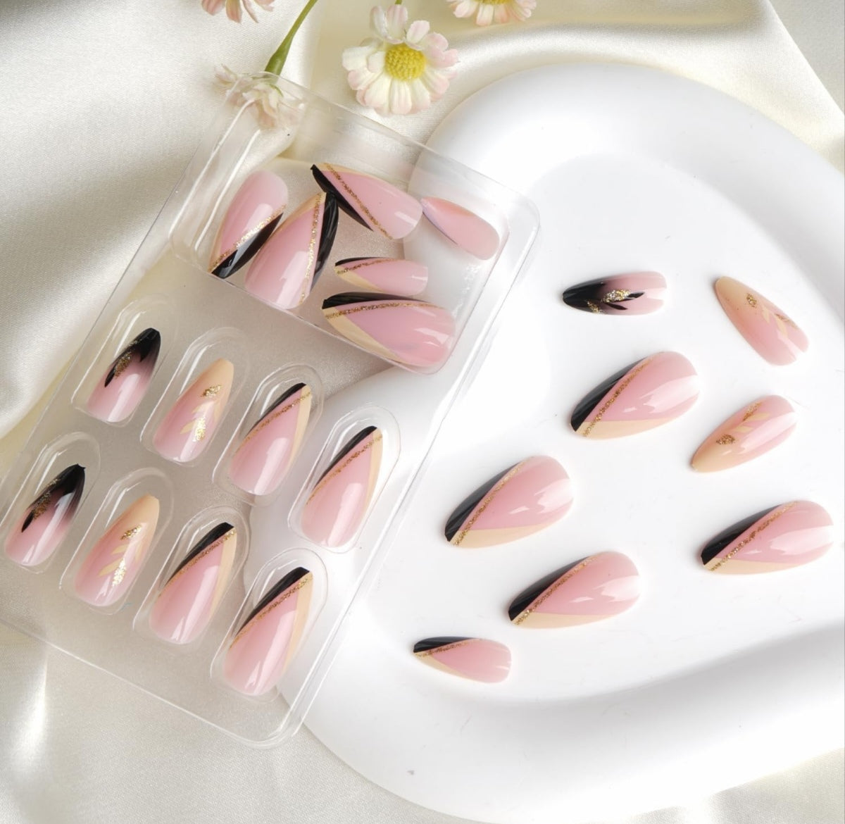 Black Sparkling Gold Glitter Leaves Press On Nails Acrylic Fake Nails - Free Shipping