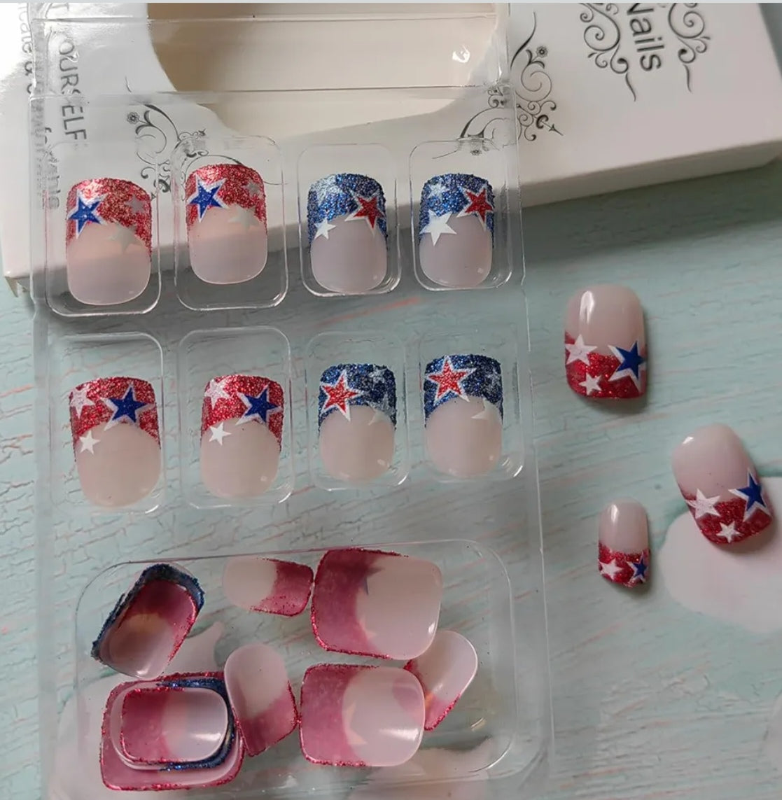 Chic French Glitter Patriotic Star Press-On Nails Fake Artificial Nails 24 Pcs-Free Shipping
