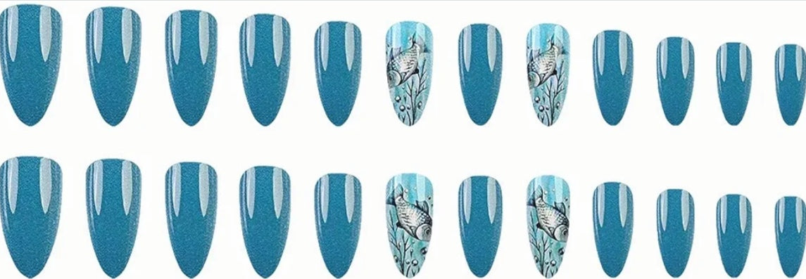 Chic Blue Ocean Fish Design Press-On Nails Fake Artificial Nails 24 Pcs – Free Shipping