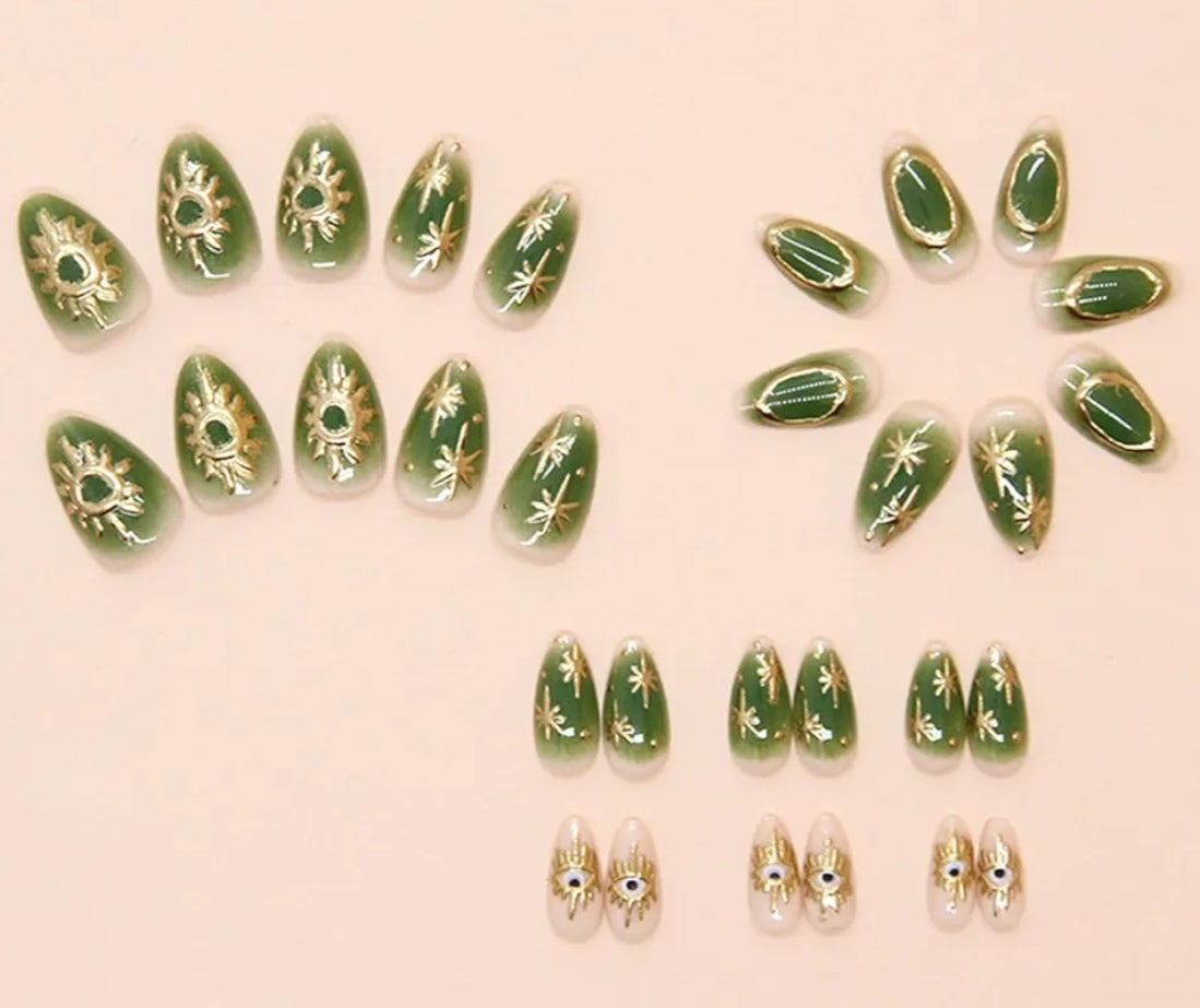 Stylish Celestial Radiant Green Design Press-On Fake Artificial Nails 24 Pcs – Free Shipping