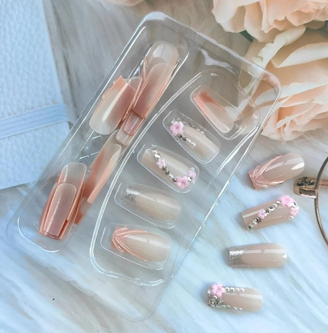 Elegant 3D Pink French Floral Rhinestone Press-On Nails Fake Artificial Nails 24 Pcs-Free Shipping