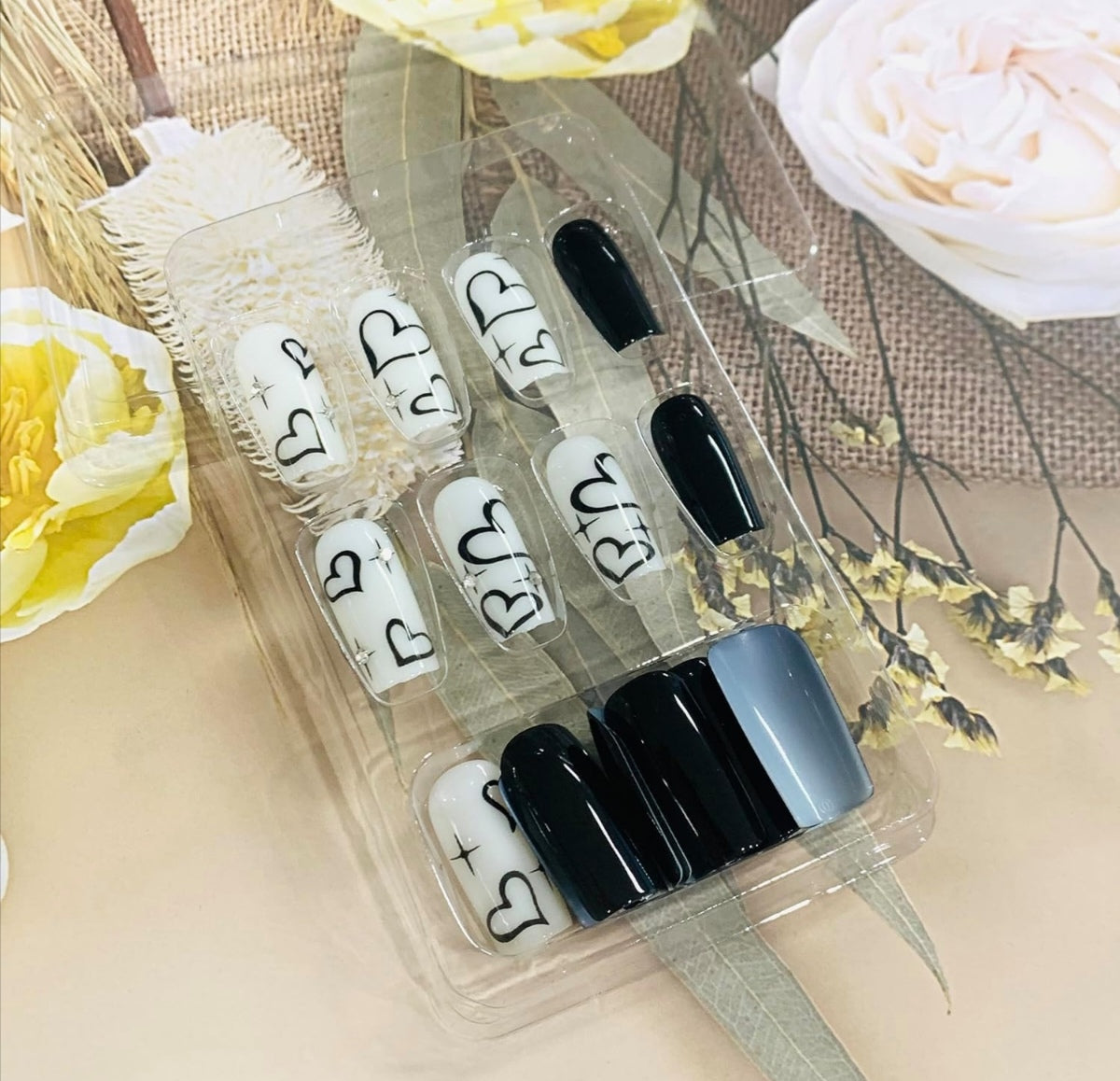 Chic Black White Heart Rhinestone Coffin Press-On Nails Acrylic False Nails-Free Shipping