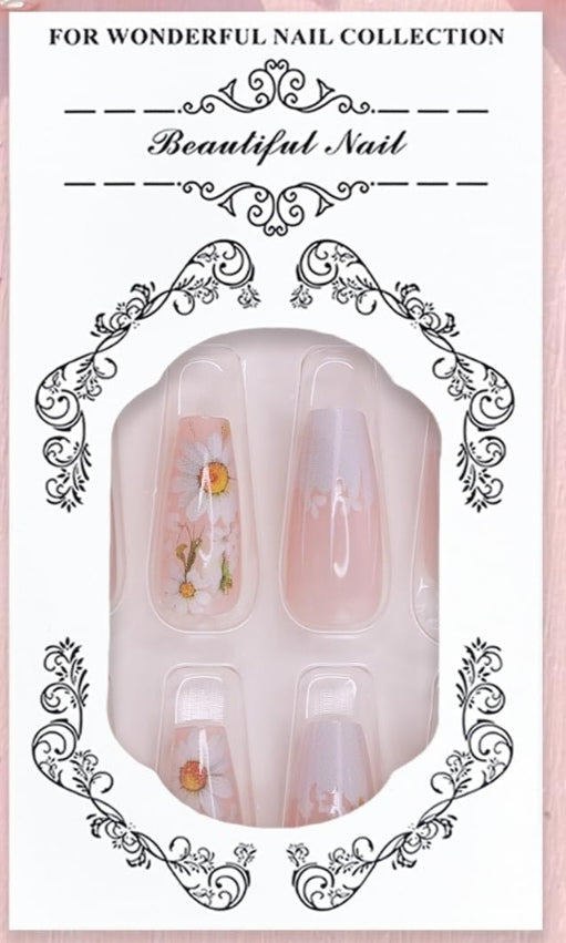Cute Daisy Floral French Tip Press-On Nails Fake Nails 24 Pcs - Free Shipping