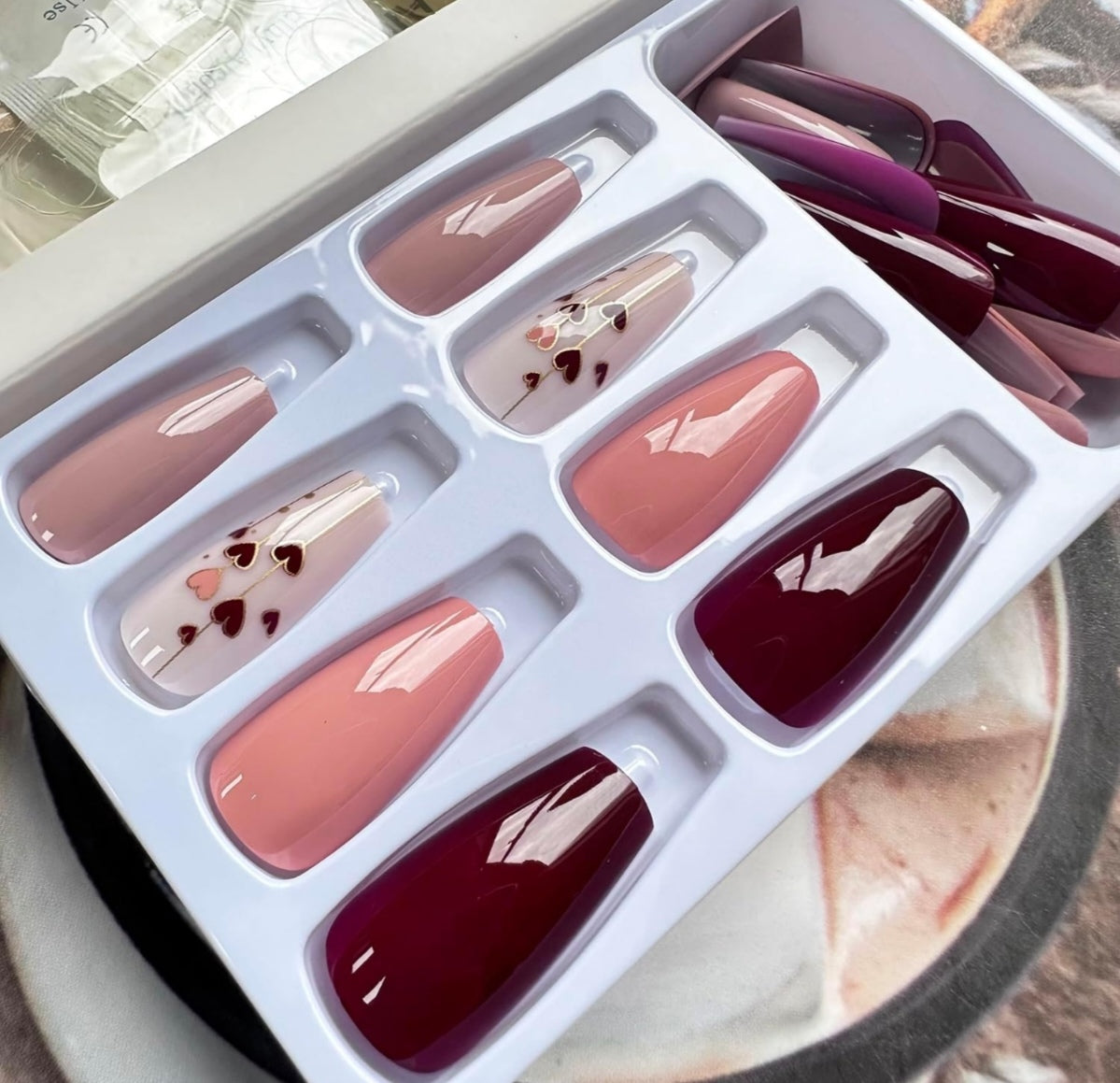 Chic Red Pink Heart Coffin Press-On Nails Acrylic False Nails - Free Shipping