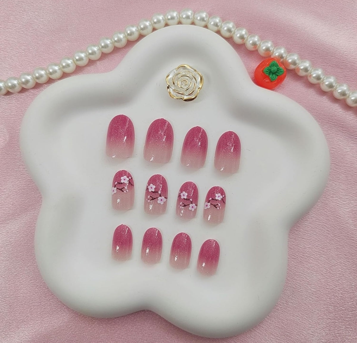 Pink Glitter Spring Cherry Blossom Press-On Nails Fake Artificial Nails 24 Pcs-Free Shipping