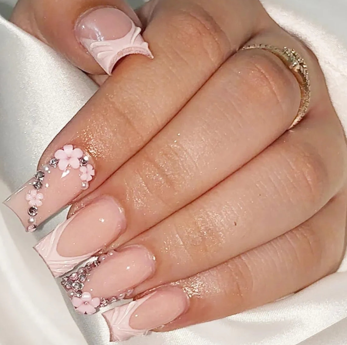 Elegant 3D Pink French Floral Rhinestone Press-On Nails Fake Artificial Nails 24 Pcs-Free Shipping