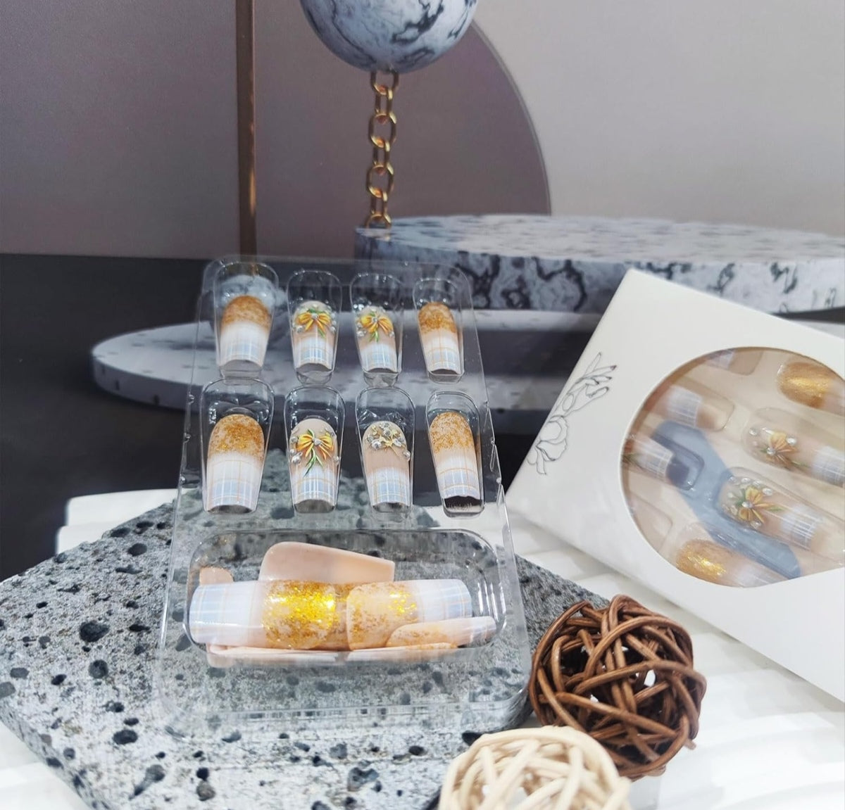 Gold Glitter Bow French Stripe Press-On Nails Fake Nails 24 Pcs – Free Shipping