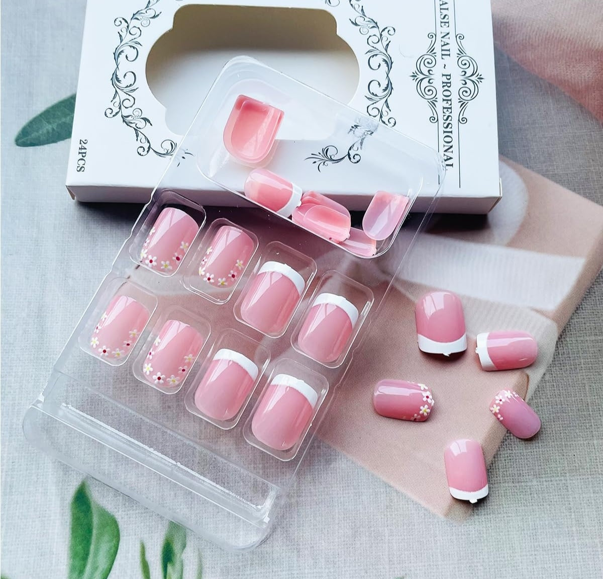 Chic Spring French Floral Short Press-On Nails Fake Artificial Nails 24 Pcs-Free Shipping