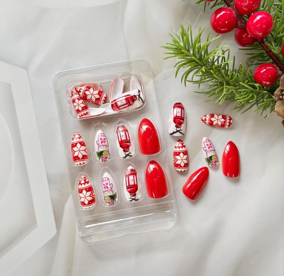 Holiday Red White Snowflake Glove Candle Light Christmas Press-On Nails Acrylic False Nails-Free Shipping