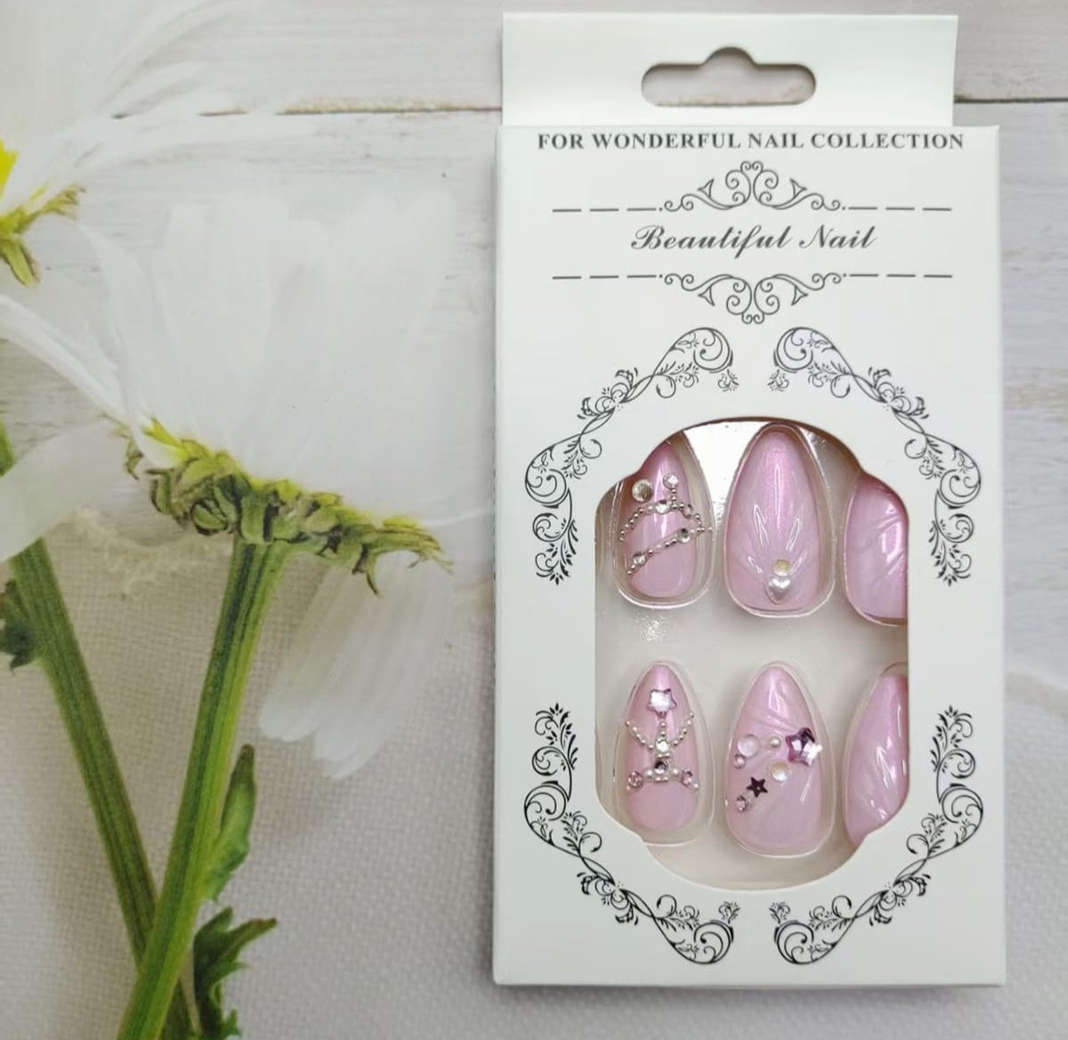 Glam Pink 3D Metallic Rhinestone Press-On Nails Fake Nails 24 Pcs – Free Shipping