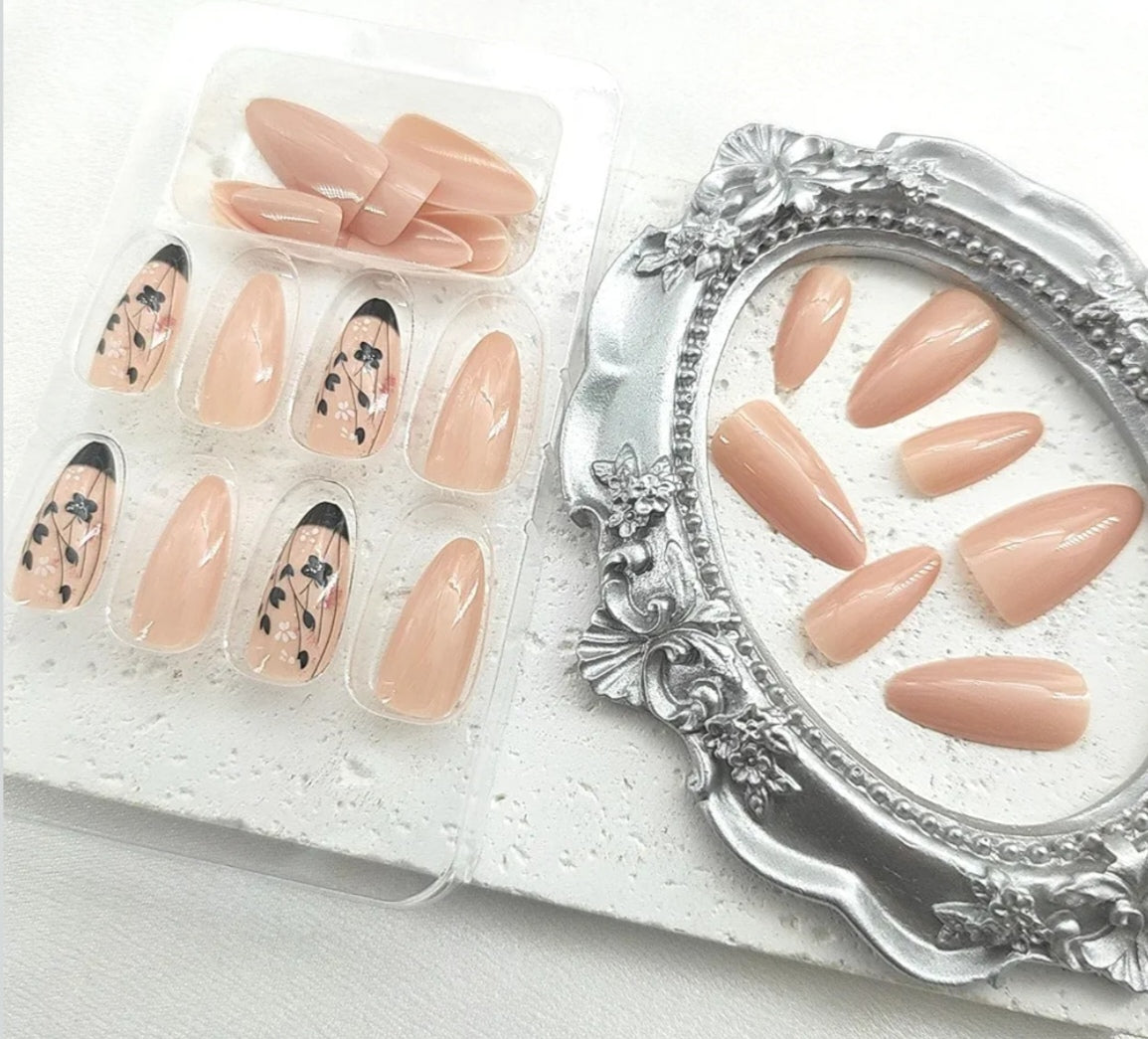 Elegant Nude Black Floral Press-On Nails Fake Artificial Nails 24 Pcs – Free Shipping