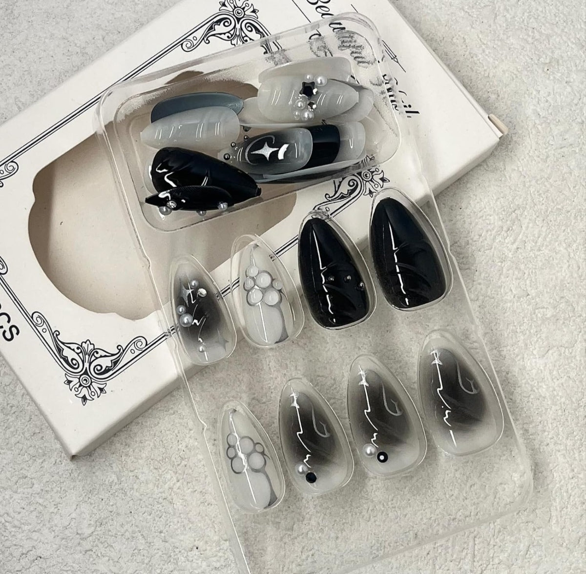 Elegant Black White 3D Pearl Rhinestone Almond Press-On Nails False Nails 24 Pcs – Free Shipping