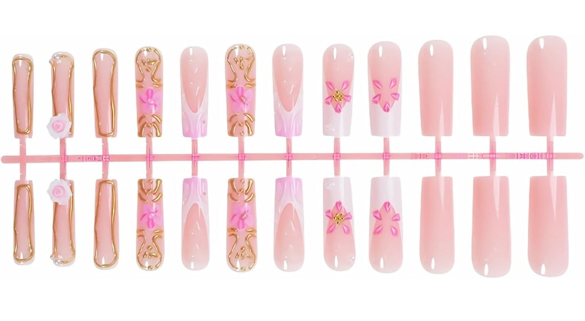 Floral Pearl Press-On Nails Long Square Coffin Acrylic Fake Nails - Free Shipping
