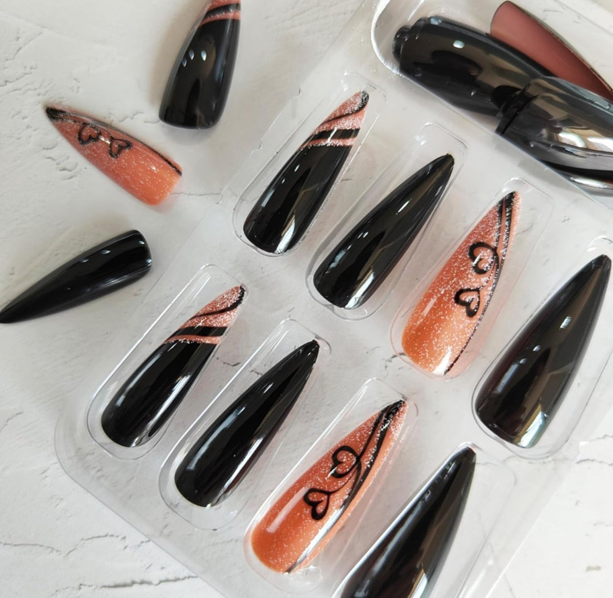 Glamorous Black Brown Heart Glitter Long Stiletto Press-On Nails Acrylic Fake Nails-Free Shipping