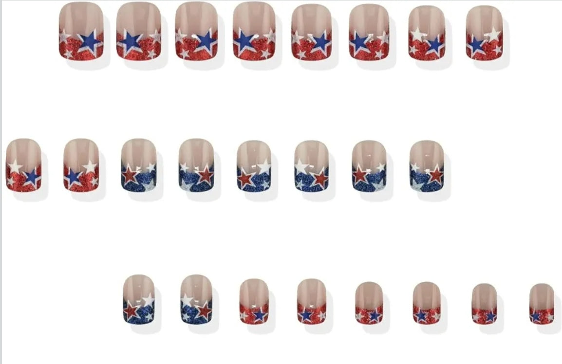 Chic French Glitter Patriotic Star Press-On Nails Fake Artificial Nails 24 Pcs-Free Shipping