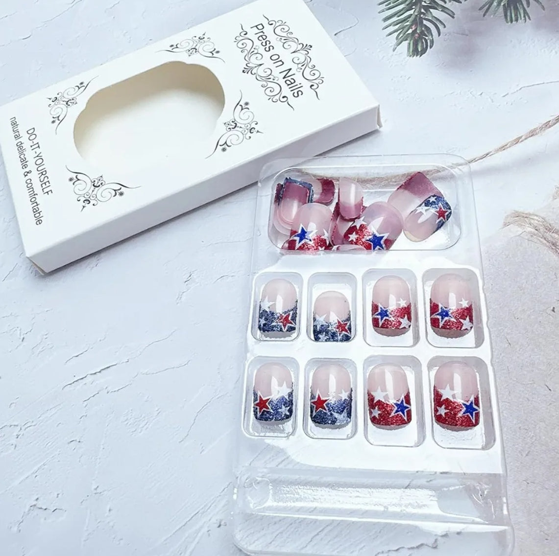 Chic French Glitter Patriotic Star Press-On Nails Fake Artificial Nails 24 Pcs-Free Shipping