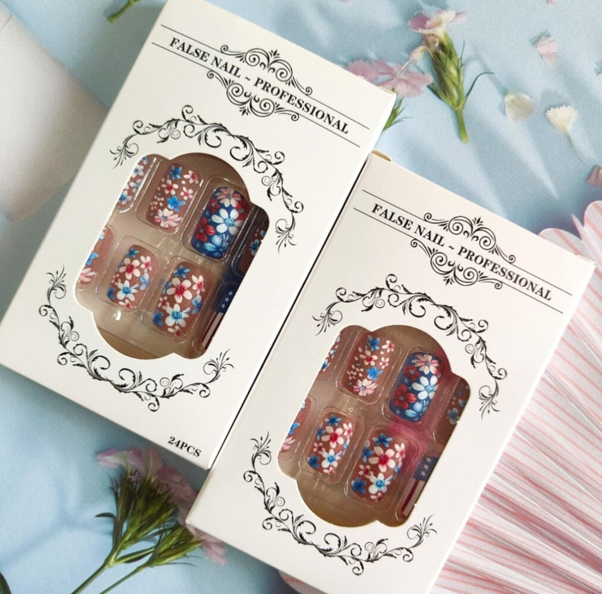 Red Blue Floral American Flag Design Press-On Nails Fake Artificial Nails 24 Pcs – Free Shipping