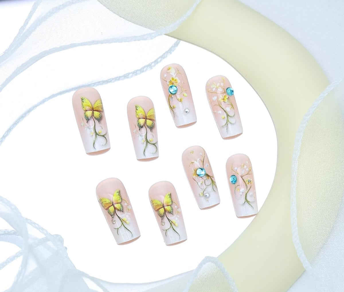 Butterfly French Floral Rhinestone Press-On Nails Fake Nails 24 Pcs - Free Shipping