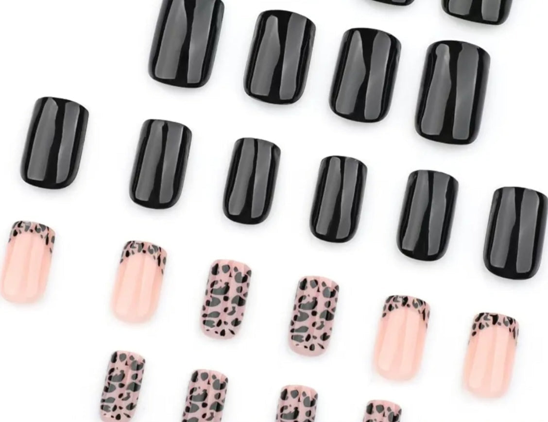 Black French Tip Leopard Print Press-On Nails Fake Artificial Nails 24 Pcs – Free Shipping
