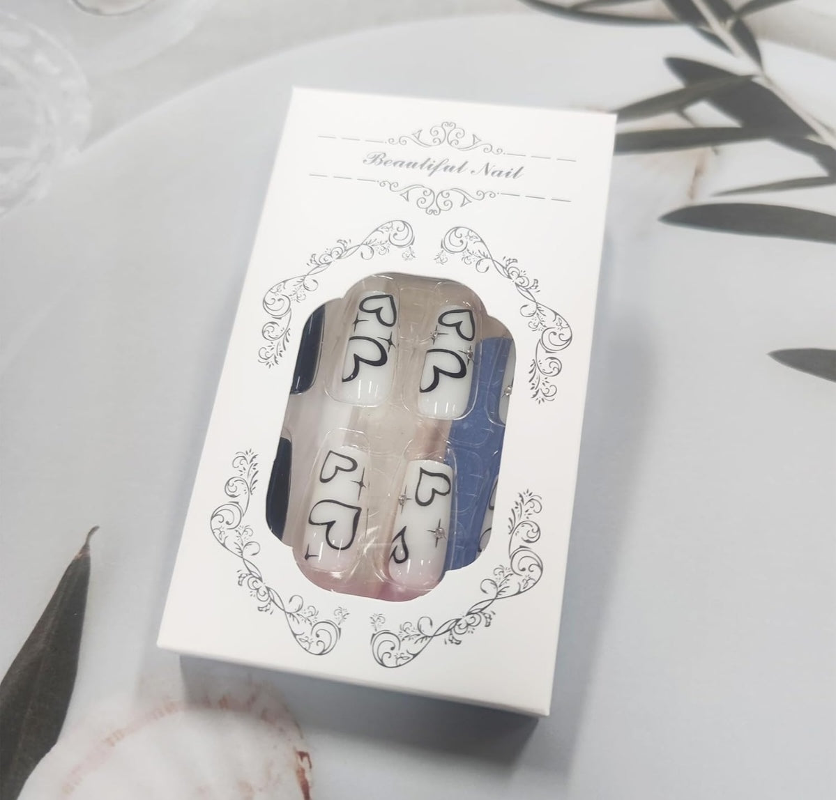 Chic Black White Heart Rhinestone Coffin Press-On Nails Acrylic False Nails-Free Shipping