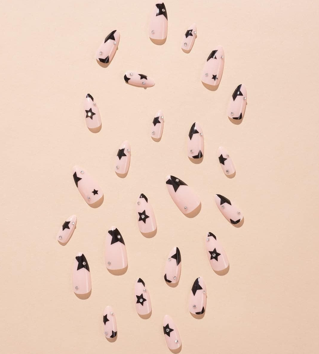 Black Star Rhinestone Almond Press On Acrylic Fake Nails - Free Shipping