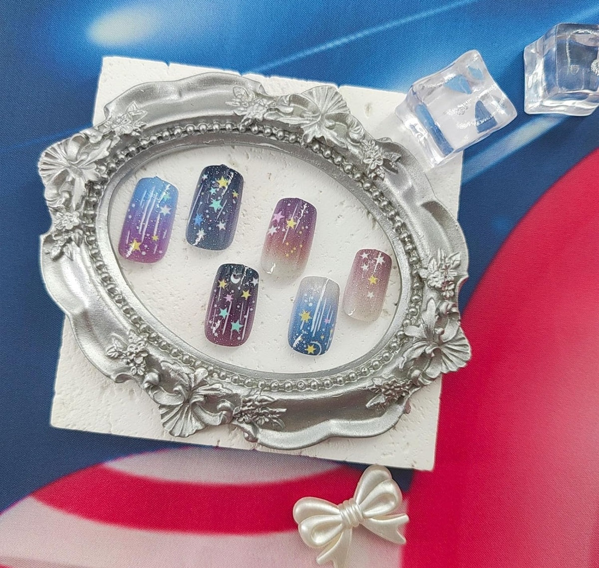 Glitter Star Moon Ombre Press-On Nails Fake Artificial Nails 24 Pcs – Free Shipping