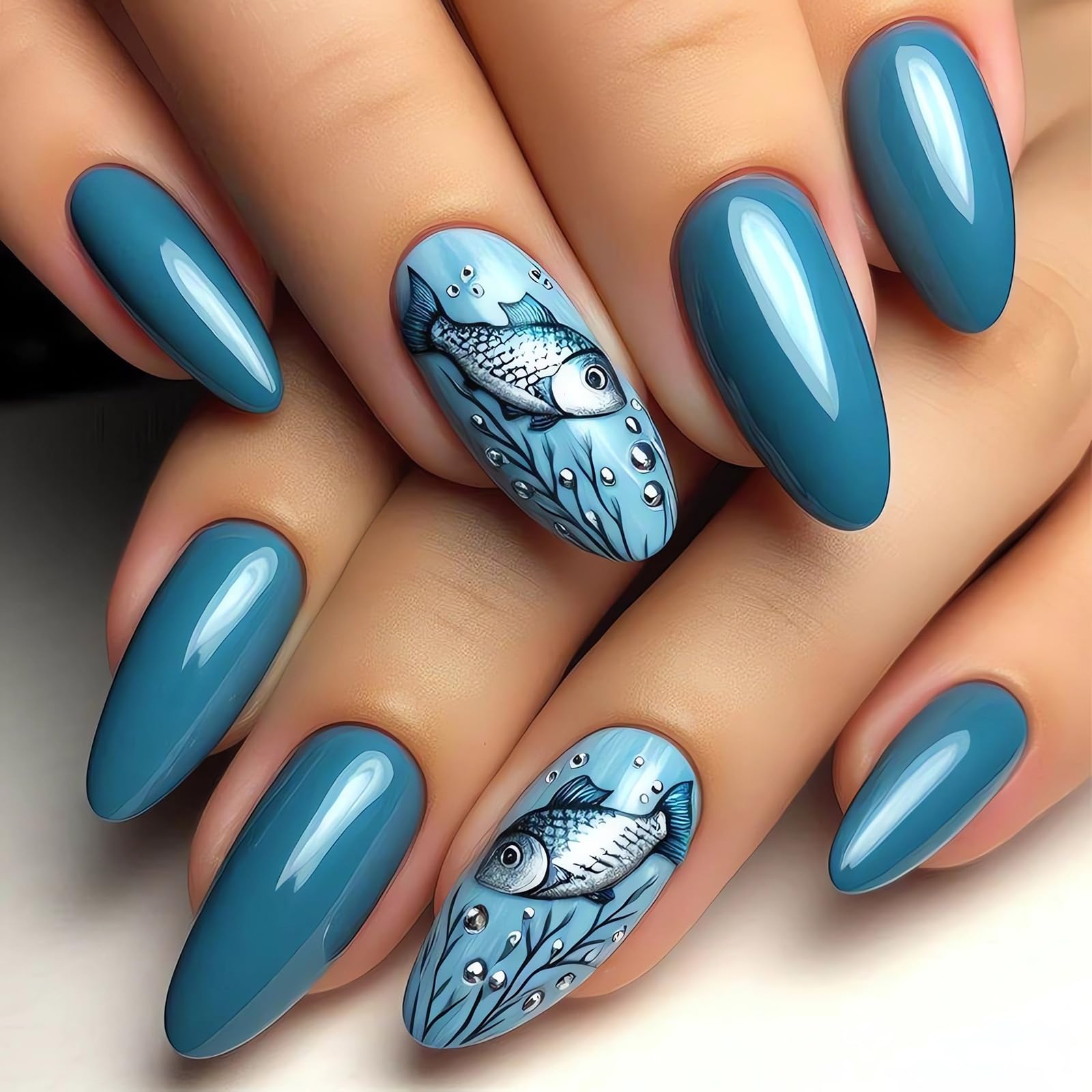 Chic Blue Ocean Fish Design Press-On Nails Fake Artificial Nails 24 Pcs – Free Shipping
