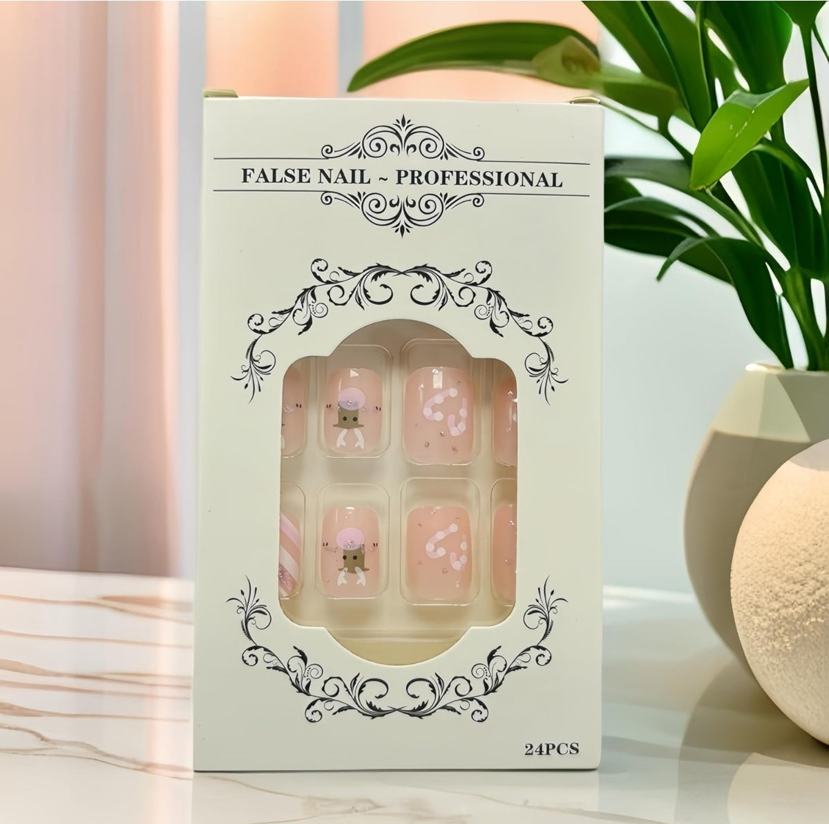 Pink Reindeer Snowflake Candy Cane Christmas Press-On Nails Acrylic Fake Nails - Free Shipping