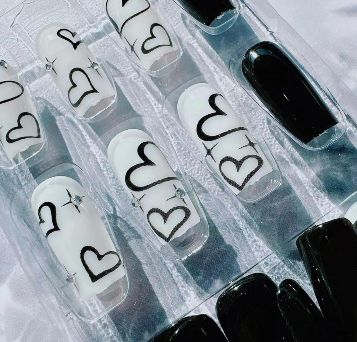 Chic Black White Heart Rhinestone Coffin Press-On Nails Acrylic False Nails-Free Shipping
